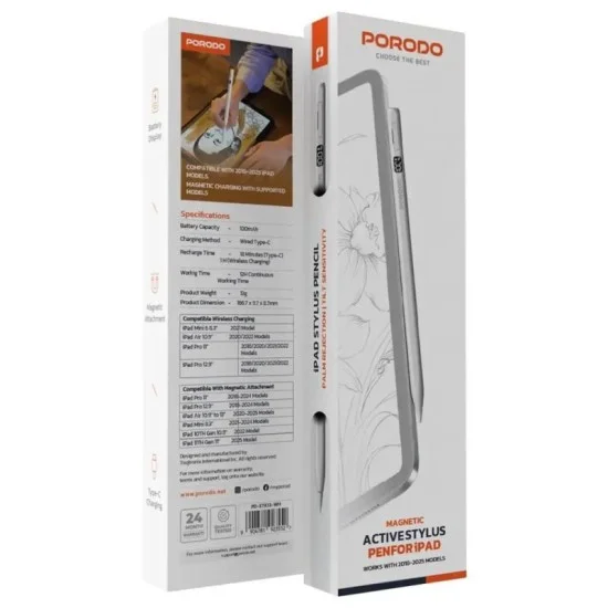 Porodo Magnetic Active Stylus Pen For Ipad - white